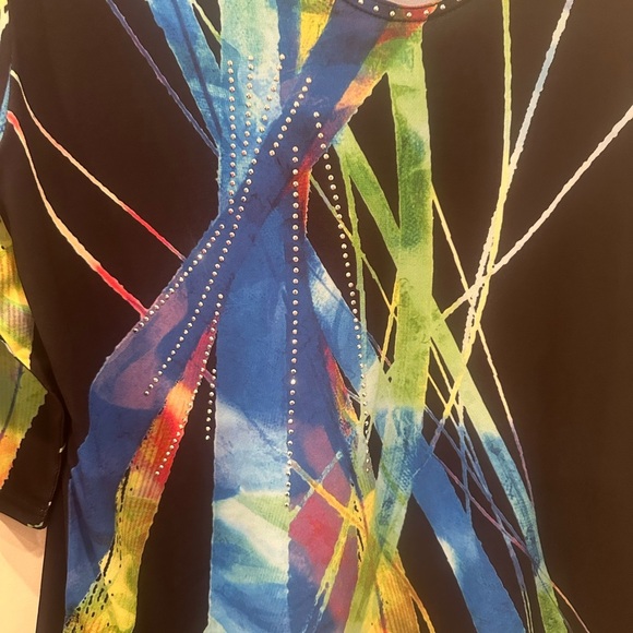 Valentina Top Artsy Rhinestone Colorful Festival Stretch Sz L Mature 3/4 Sleeve - Picture 8 of 9